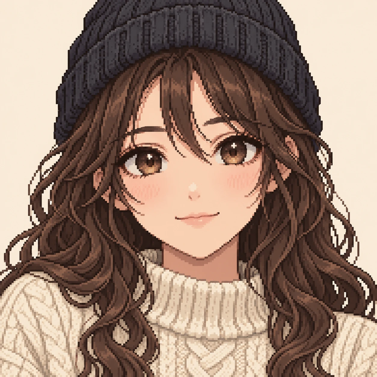 Illustration of one young woman drawn in an anime style in a cream cable-knit fisherman sweater and a dark knitted watch cap over loose wavy hair, her head and shoulders seen straight from the front with both eyes looking at the viewer and a calm closed-mouth smile, closely cropped so the head and shoulders fill most of the picture, hands not visible, a plain pale background behind her, the lower edge left as empty background with nothing written on it (pixel art)