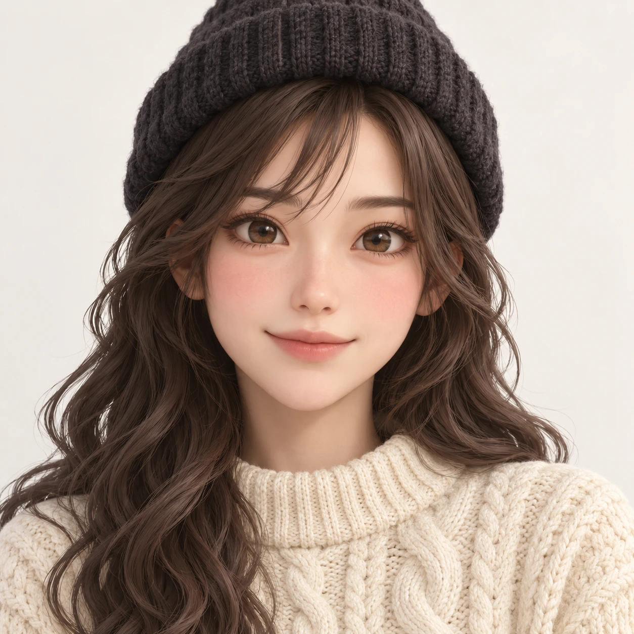 Illustration of one young woman drawn in an anime style in a cream cable-knit fisherman sweater and a dark knitted watch cap over loose wavy hair, her head and shoulders seen straight from the front with both eyes looking at the viewer and a calm closed-mouth smile, closely cropped so the head and shoulders fill most of the picture, hands not visible, a plain pale background behind her, the lower edge left as empty background with nothing written on it (soft 3D)