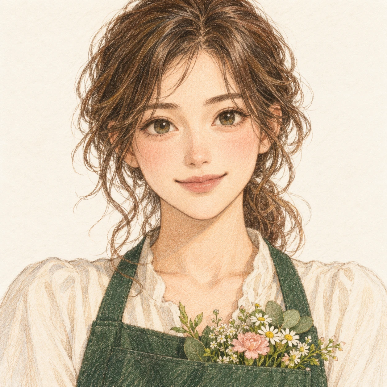 Illustration of one young woman drawn in an anime style in a dark green florist's apron with a few fresh flowers tucked into the bib pocket and wavy hair tied loosely back, her head and shoulders seen straight from the front with both eyes looking at the viewer and a calm closed-mouth smile, closely cropped so the head and shoulders fill most of the picture, hands not visible, a plain pale background behind her, the lower edge left as empty background with nothing written on it (colored pencil)
