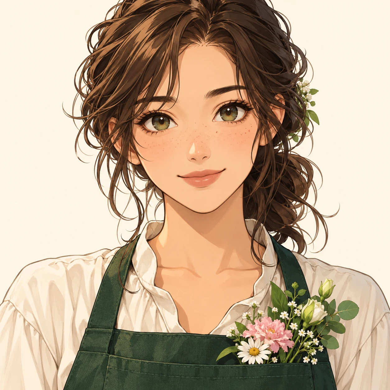 Illustration of one young woman drawn in an anime style in a dark green florist's apron with a few fresh flowers tucked into the bib pocket and wavy hair tied loosely back, her head and shoulders seen straight from the front with both eyes looking at the viewer and a calm closed-mouth smile, closely cropped so the head and shoulders fill most of the picture, hands not visible, a plain pale background behind her, the lower edge left as empty background with nothing written on it (bold graphic)