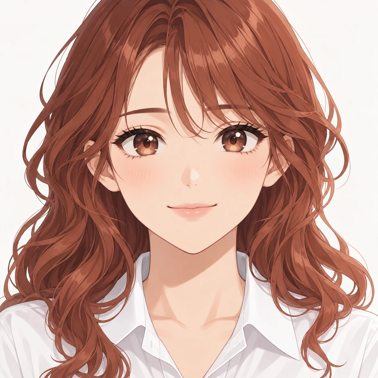 Illustration of one young woman drawn in an anime style in a crisp white shirt with wavy auburn hair, her head and shoulders seen straight from the front with both eyes looking at the viewer and a calm closed-mouth smile, closely cropped so the head and shoulders fill most of the picture, hands not visible, a plain pale background behind her, the lower edge left as empty background with nothing written on it (anime cel-shaded)
