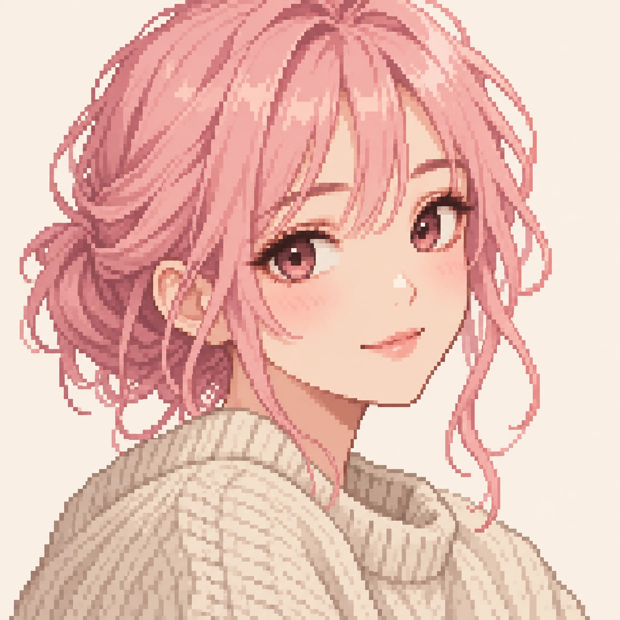 Illustration of one young woman drawn in an anime style in a loose oatmeal knit jumper with soft pink hair, her head and shoulders seen at a three-quarter angle with her face turned slightly to one side, both eyes visible and looking at the viewer with a calm closed-mouth smile, closely cropped so the head and shoulders fill most of the picture, hands not visible, a plain pale background behind her, the lower edge left as empty background with nothing written on it (pixel art)
