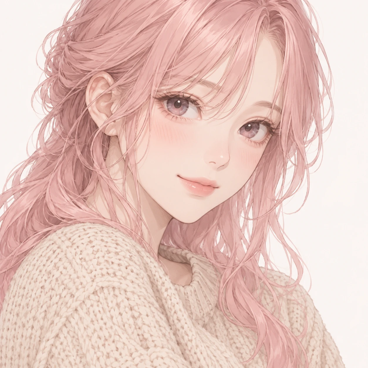 ゆったりしたニットを着た女性のアニメ調プロフィール用画像（ソフトパステル）