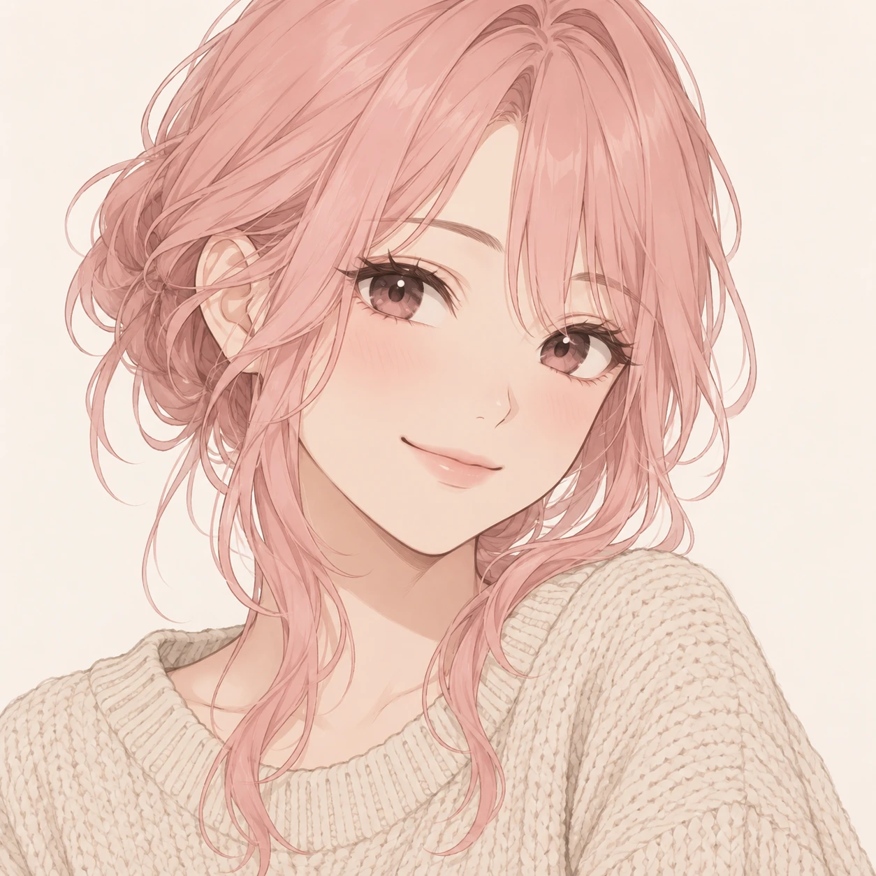 Illustration of one young woman drawn in an anime style in a loose oatmeal knit jumper with soft pink hair, her head and shoulders seen at a three-quarter angle with her face turned slightly to one side, both eyes visible and looking at the viewer with a calm closed-mouth smile, closely cropped so the head and shoulders fill most of the picture, hands not visible, a plain pale background behind her, the lower edge left as empty background with nothing written on it (simple line art)