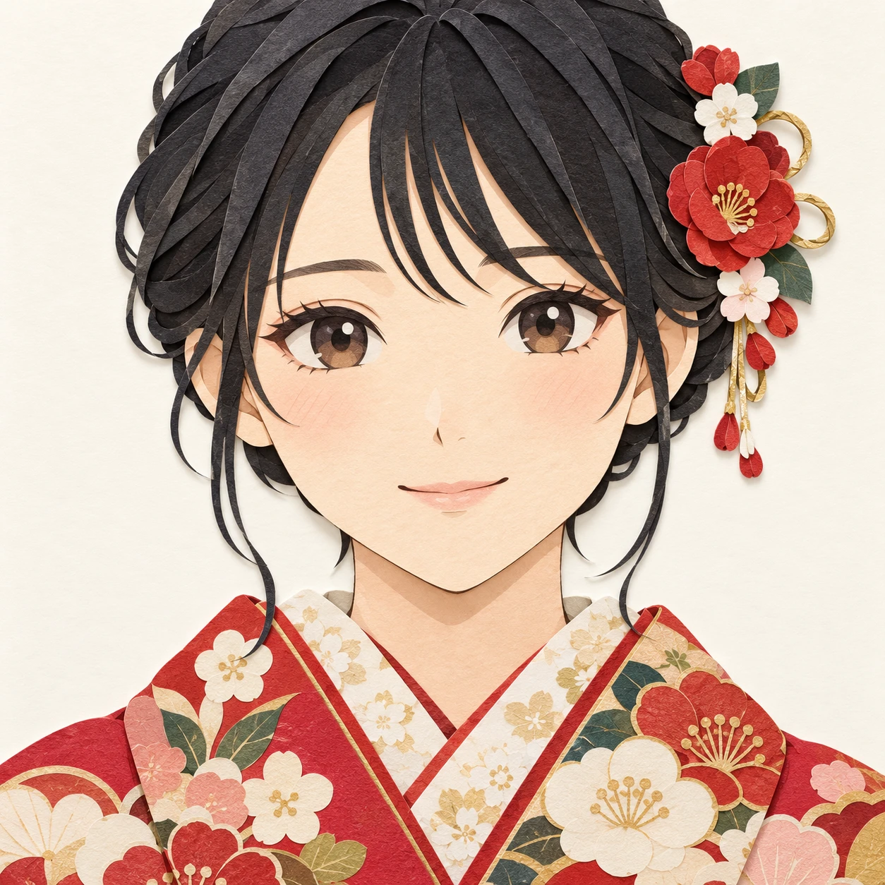 Illustration of one young woman drawn in an anime style in a New Year furisode kimono with a wide floral-patterned collar and a small flower ornament in her neatly pinned-up black hair, her head and shoulders seen straight from the front with both eyes looking at the viewer and a calm closed-mouth smile, closely cropped so the head and shoulders fill most of the picture, hands not visible, a plain pale background behind her, the lower edge left as empty background with nothing written on it (paper cut-out)