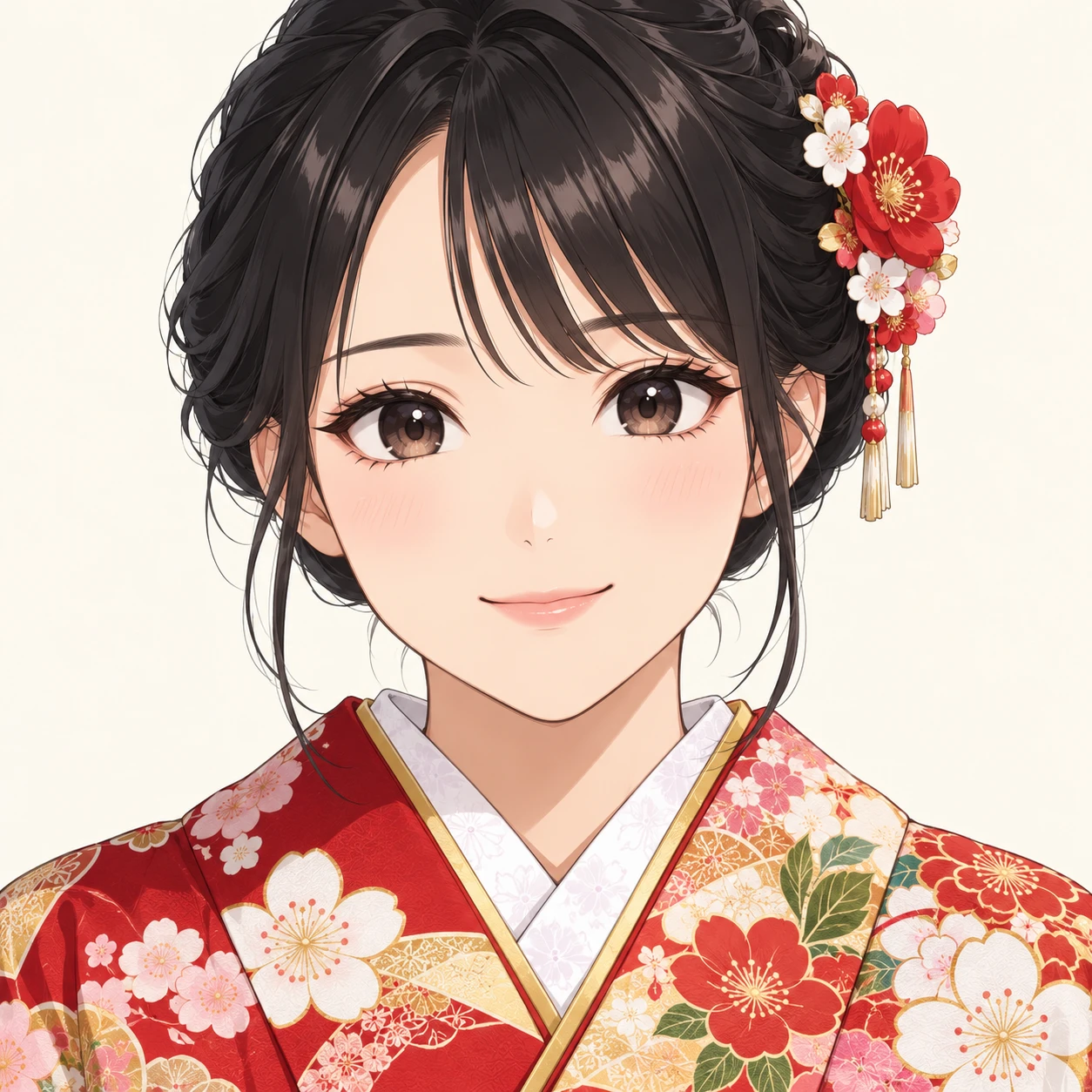 Illustration of one young woman drawn in an anime style in a New Year furisode kimono with a wide floral-patterned collar and a small flower ornament in her neatly pinned-up black hair, her head and shoulders seen straight from the front with both eyes looking at the viewer and a calm closed-mouth smile, closely cropped so the head and shoulders fill most of the picture, hands not visible, a plain pale background behind her, the lower edge left as empty background with nothing written on it (anime cel-shaded)