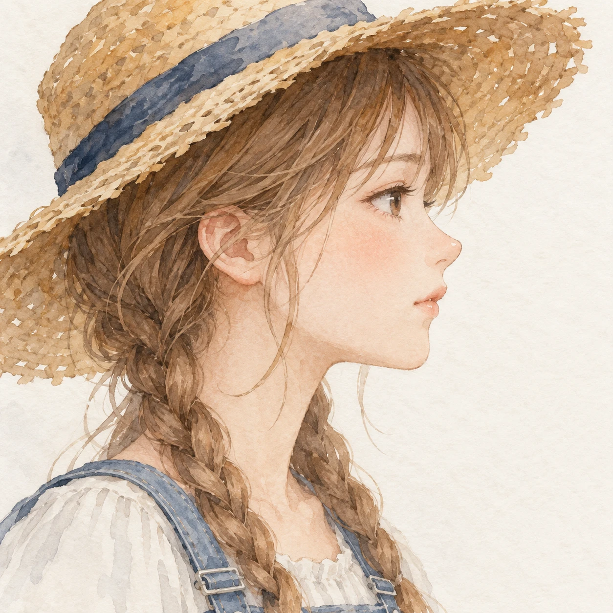 멜빵바지에 밀짚모자 차림의 여성의 애니메이션풍 프로필 아이콘 (수채화)