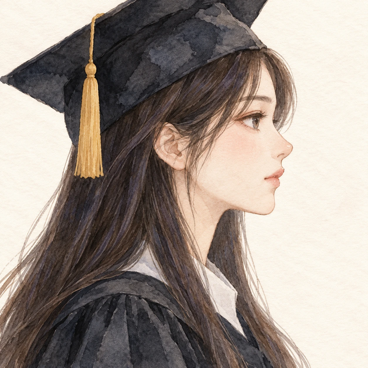 Illustration of one young woman drawn in an anime style in a dark graduation gown and a square graduation cap with a tassel over long straight hair, her head and shoulders seen in full profile from the side with her gaze level ahead and a calm closed-mouth expression, closely cropped so the head and shoulders fill most of the picture, hands not visible, a plain pale background behind her, the lower edge left as empty background with nothing written on it (watercolor)