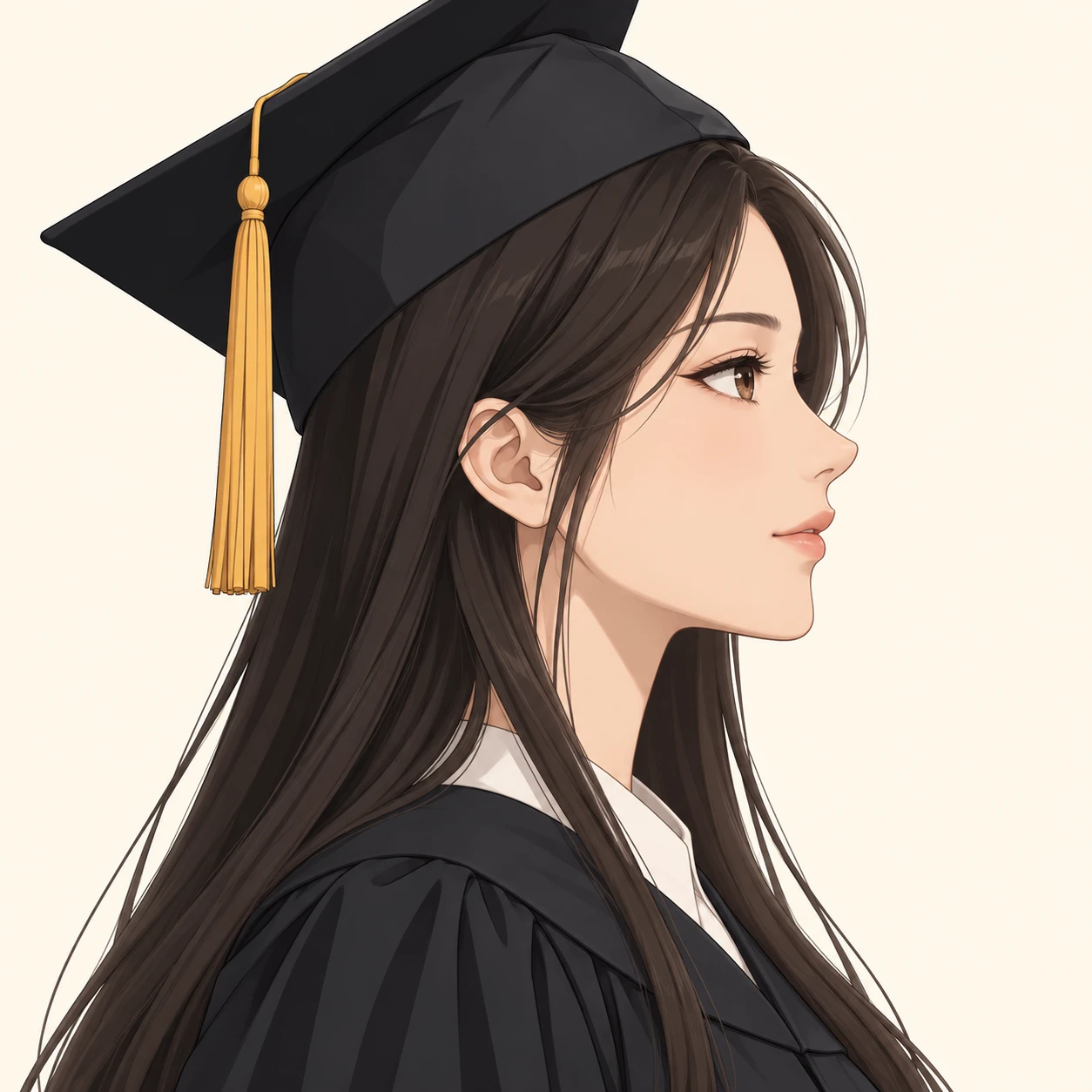 Illustration of one young woman drawn in an anime style in a dark graduation gown and a square graduation cap with a tassel over long straight hair, her head and shoulders seen in full profile from the side with her gaze level ahead and a calm closed-mouth expression, closely cropped so the head and shoulders fill most of the picture, hands not visible, a plain pale background behind her, the lower edge left as empty background with nothing written on it (flat illustration)