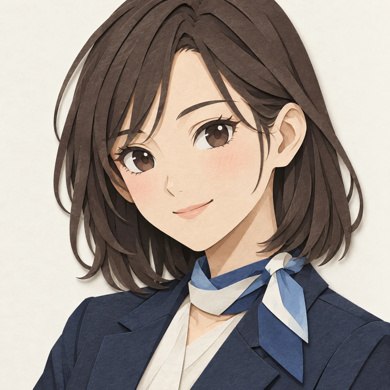 Illustration of one young woman drawn in an anime style in a neat uniform jacket with a folded scarf at the collar and shoulder length hair, her head and shoulders seen at a three-quarter angle with her face turned slightly to one side, both eyes visible and looking at the viewer with a calm closed-mouth smile, closely cropped so the head and shoulders fill most of the picture, hands not visible, a plain pale background behind her, the lower edge left as empty background with nothing written on it (paper cut-out)