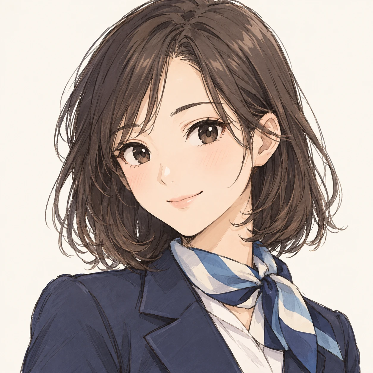 無地を背にした斜め向きの制服とスカーフの女性のイラスト（手描き風）
