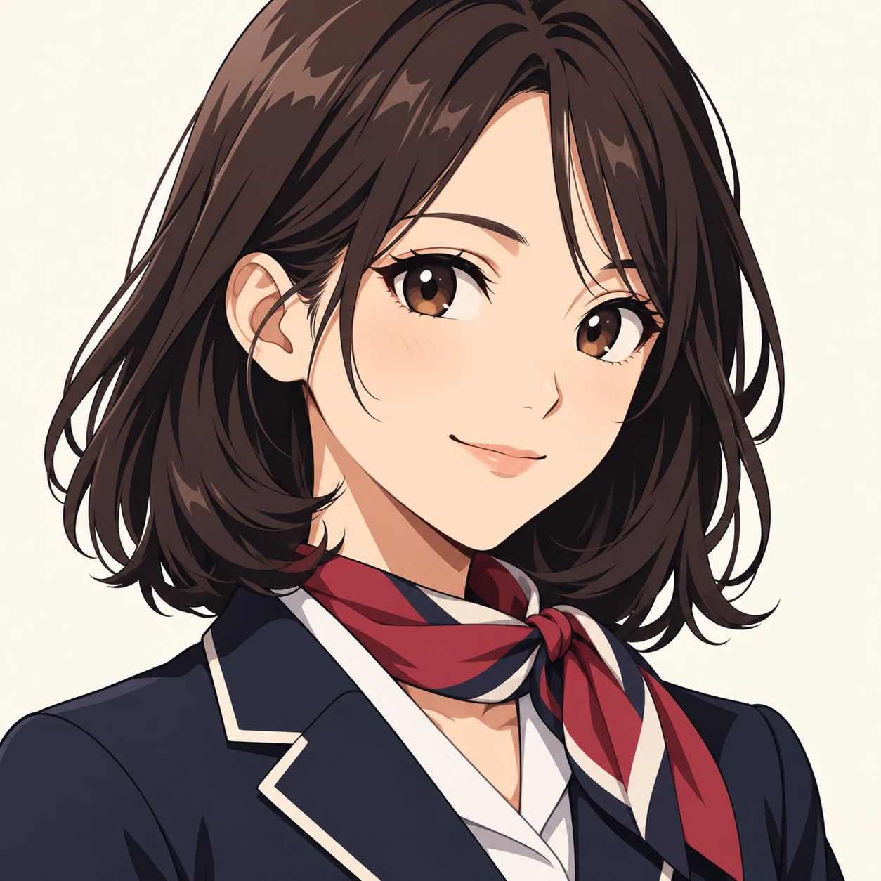 Illustration of one young woman drawn in an anime style in a neat uniform jacket with a folded scarf at the collar and shoulder length hair, her head and shoulders seen at a three-quarter angle with her face turned slightly to one side, both eyes visible and looking at the viewer with a calm closed-mouth smile, closely cropped so the head and shoulders fill most of the picture, hands not visible, a plain pale background behind her, the lower edge left as empty background with nothing written on it (bold graphic)