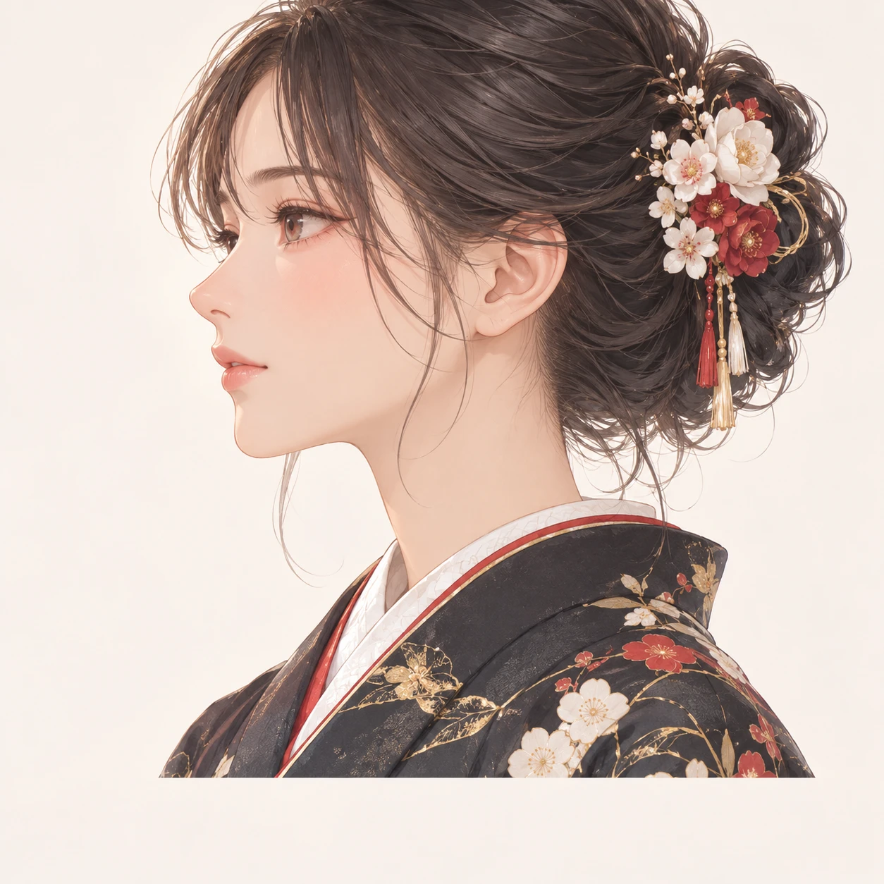 Illustration of one young woman drawn in an anime style in a dark New Year haori jacket over a kimono with her hair neatly pinned up, her head and shoulders seen in full profile from the side with her gaze level ahead and a calm closed-mouth expression, closely cropped so the head and shoulders fill most of the picture, hands not visible, a plain pale background behind her, the lower edge left as empty background with nothing written on it (soft pastel)
