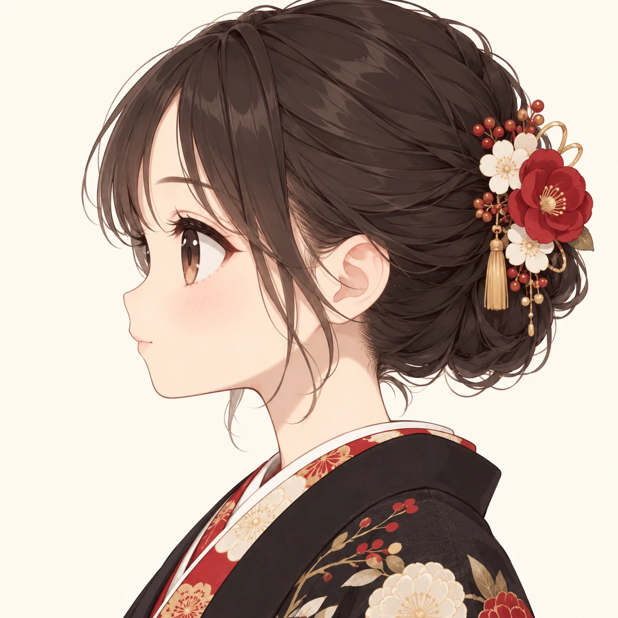 Illustration of one young woman drawn in an anime style in a dark New Year haori jacket over a kimono with her hair neatly pinned up, her head and shoulders seen in full profile from the side with her gaze level ahead and a calm closed-mouth expression, closely cropped so the head and shoulders fill most of the picture, hands not visible, a plain pale background behind her, the lower edge left as empty background with nothing written on it (chibi)