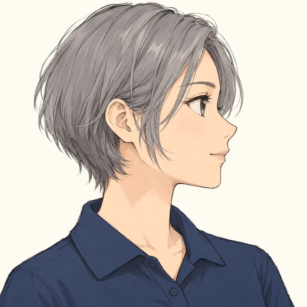 無地を背にした横向きの紺のポロシャツの女性のイラスト（手描き風）