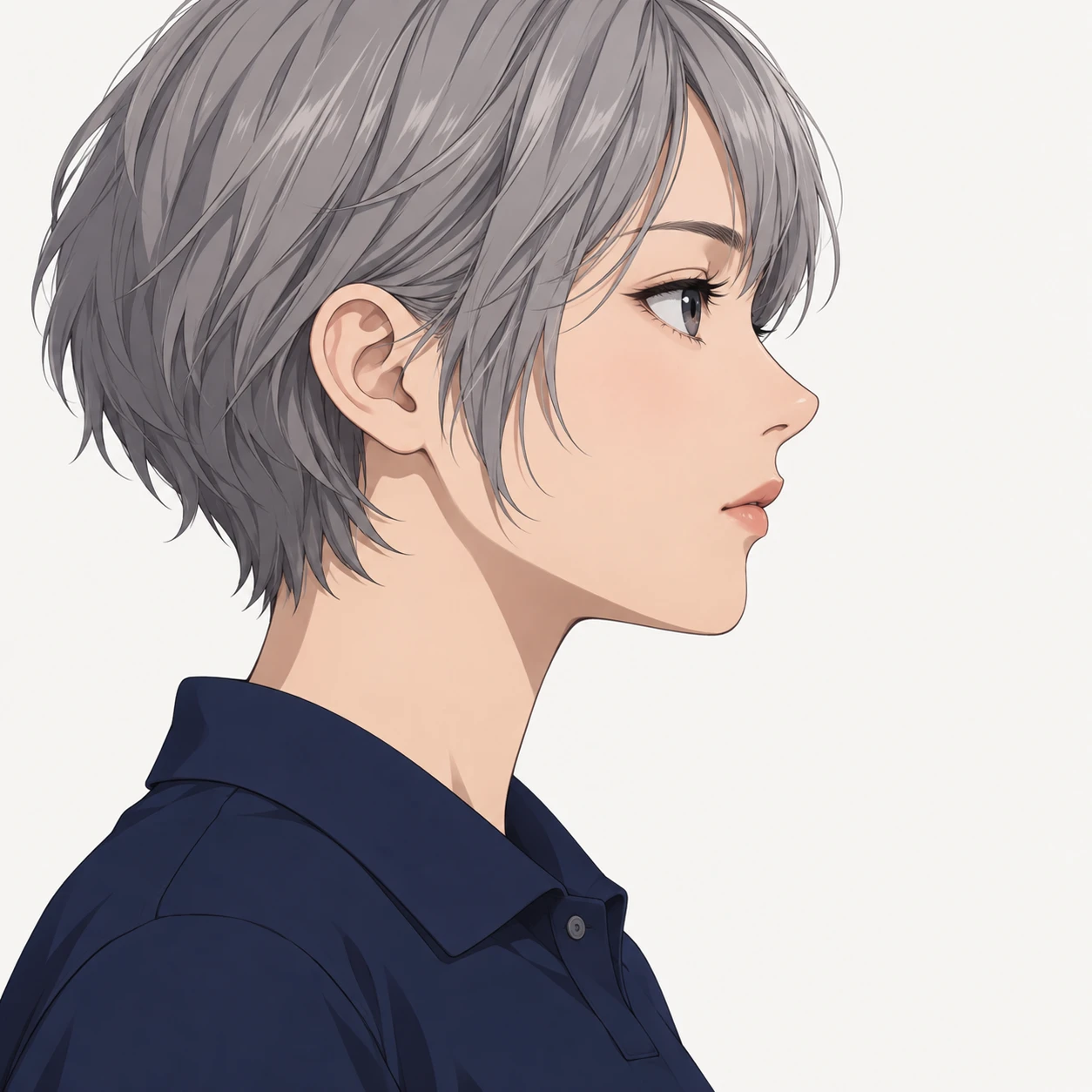 Illustration of one young woman drawn in an anime style in a plain navy polo shirt with cropped grey hair, her head and shoulders seen in full profile from the side with her gaze level ahead and a calm closed-mouth expression, closely cropped so the head and shoulders fill most of the picture, hands not visible, a plain pale background behind her, the lower edge left as empty background with nothing written on it (bold graphic)