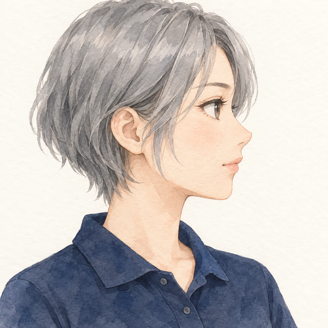 Illustration of one young woman drawn in an anime style in a plain navy polo shirt with cropped grey hair, her head and shoulders seen in full profile from the side with her gaze level ahead and a calm closed-mouth expression, closely cropped so the head and shoulders fill most of the picture, hands not visible, a plain pale background behind her, the lower edge left as empty background with nothing written on it (watercolor)