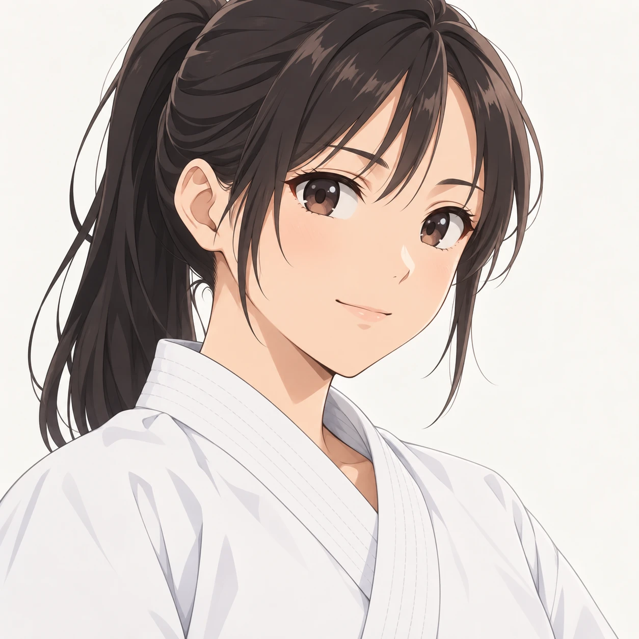 Illustration of one young woman drawn in an anime style in a white martial arts uniform with the lapels crossed at the chest and her hair tied back in a ponytail, her head and shoulders seen at a three-quarter angle with her face turned slightly to one side, both eyes visible and looking at the viewer with a calm closed-mouth smile, closely cropped so the head and shoulders fill most of the picture, hands not visible, a plain pale background behind her, the lower edge left as empty background with nothing written on it (anime cel-shaded)