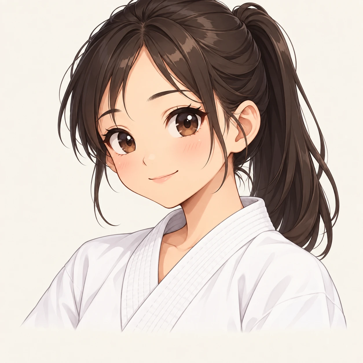 Illustration of one young woman drawn in an anime style in a white martial arts uniform with the lapels crossed at the chest and her hair tied back in a ponytail, her head and shoulders seen at a three-quarter angle with her face turned slightly to one side, both eyes visible and looking at the viewer with a calm closed-mouth smile, closely cropped so the head and shoulders fill most of the picture, hands not visible, a plain pale background behind her, the lower edge left as empty background with nothing written on it (chibi)