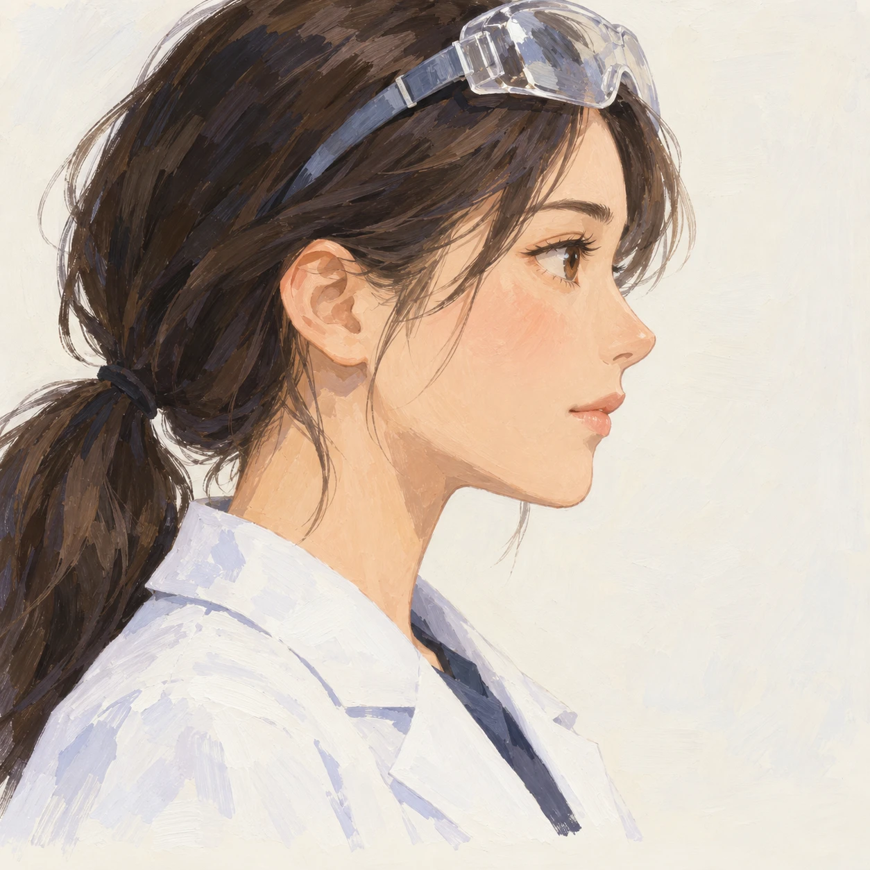Illustration of one young woman drawn in an anime style in a white lab coat with clear safety goggles pushed up onto her forehead and a low ponytail, her head and shoulders seen in full profile from the side with her gaze level ahead and a calm closed-mouth expression, closely cropped so the head and shoulders fill most of the picture, hands not visible, a plain pale background behind her, the lower edge left as empty background with nothing written on it (gouache)