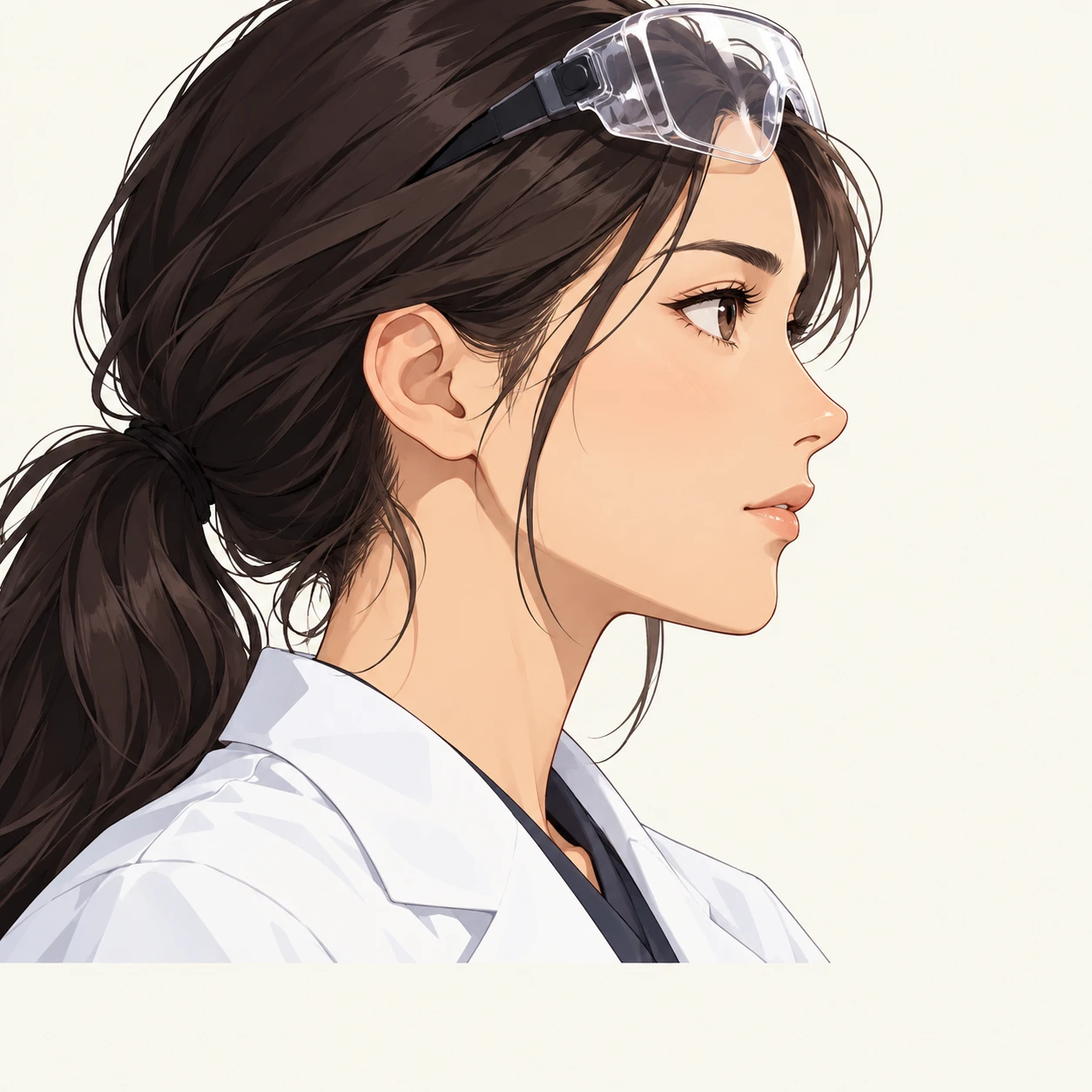 Illustration of one young woman drawn in an anime style in a white lab coat with clear safety goggles pushed up onto her forehead and a low ponytail, her head and shoulders seen in full profile from the side with her gaze level ahead and a calm closed-mouth expression, closely cropped so the head and shoulders fill most of the picture, hands not visible, a plain pale background behind her, the lower edge left as empty background with nothing written on it (bold graphic)
