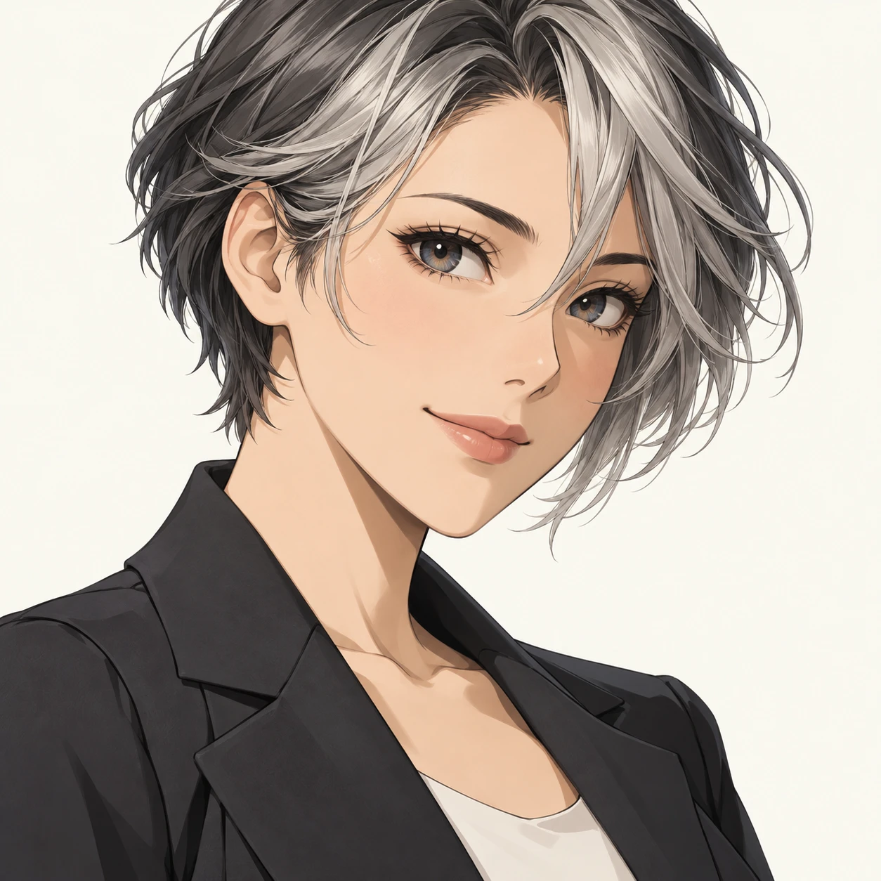 Illustration of one young woman drawn in an anime style in a tailored jacket with short salt and pepper hair, her head and shoulders seen at a three-quarter angle with her face turned slightly to one side, both eyes visible and looking at the viewer with a calm closed-mouth smile, closely cropped so the head and shoulders fill most of the picture, hands not visible, a plain pale background behind her, the lower edge left as empty background with nothing written on it (bold graphic)