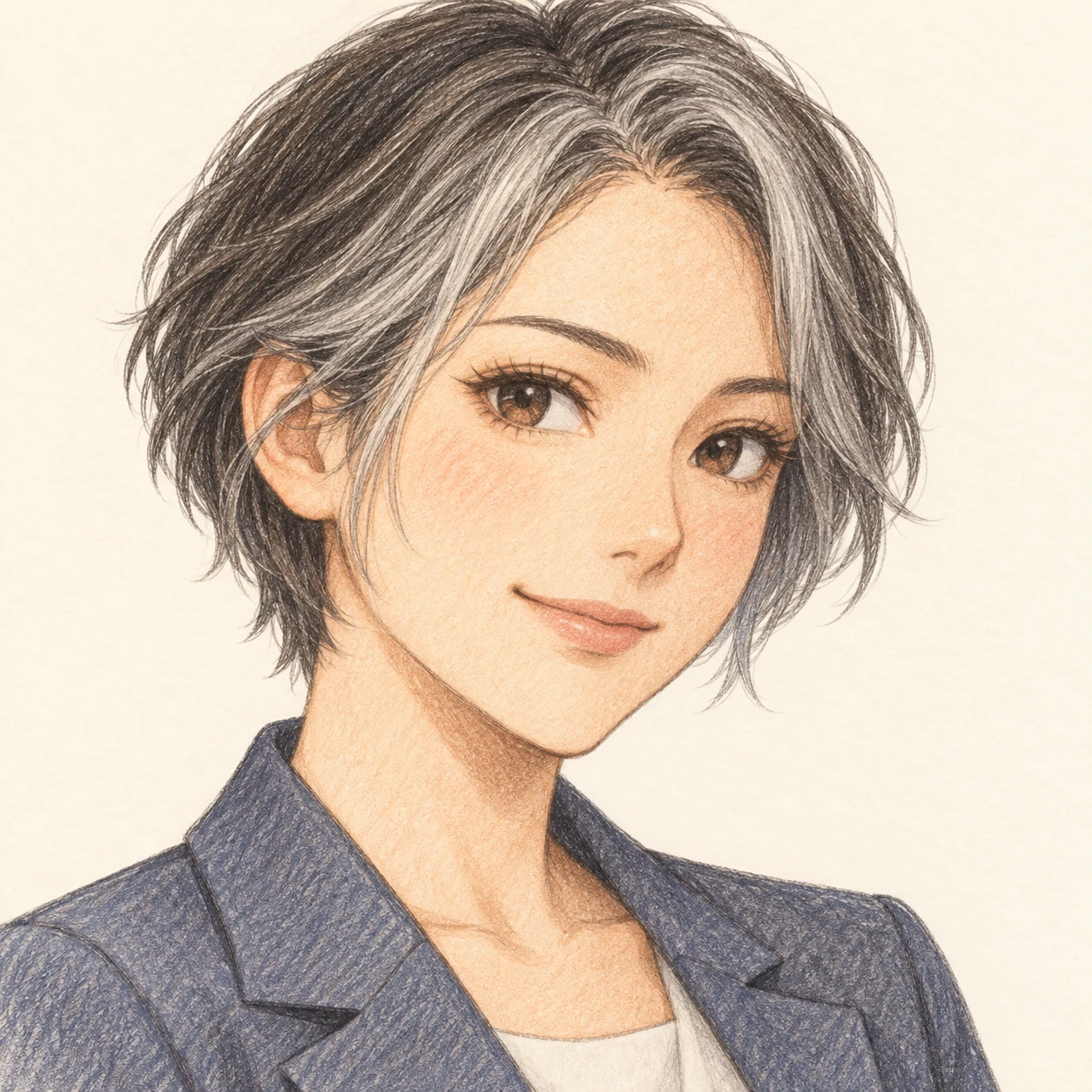 Illustration of one young woman drawn in an anime style in a tailored jacket with short salt and pepper hair, her head and shoulders seen at a three-quarter angle with her face turned slightly to one side, both eyes visible and looking at the viewer with a calm closed-mouth smile, closely cropped so the head and shoulders fill most of the picture, hands not visible, a plain pale background behind her, the lower edge left as empty background with nothing written on it (colored pencil)