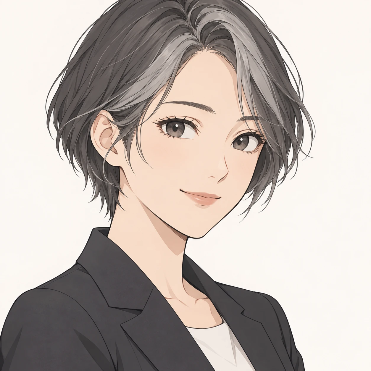 Illustration of one young woman drawn in an anime style in a tailored jacket with short salt and pepper hair, her head and shoulders seen at a three-quarter angle with her face turned slightly to one side, both eyes visible and looking at the viewer with a calm closed-mouth smile, closely cropped so the head and shoulders fill most of the picture, hands not visible, a plain pale background behind her, the lower edge left as empty background with nothing written on it (simple line art)
