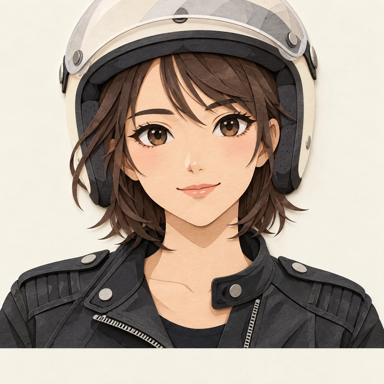 Illustration of one young woman drawn in an anime style in a black leather riding jacket wearing an open-face motorcycle helmet with the clear visor raised, her head and shoulders seen straight from the front with both eyes looking at the viewer and a calm closed-mouth smile, closely cropped so the head and shoulders fill most of the picture, hands not visible, a plain pale background behind her, the lower edge left as empty background with nothing written on it (paper cut-out)