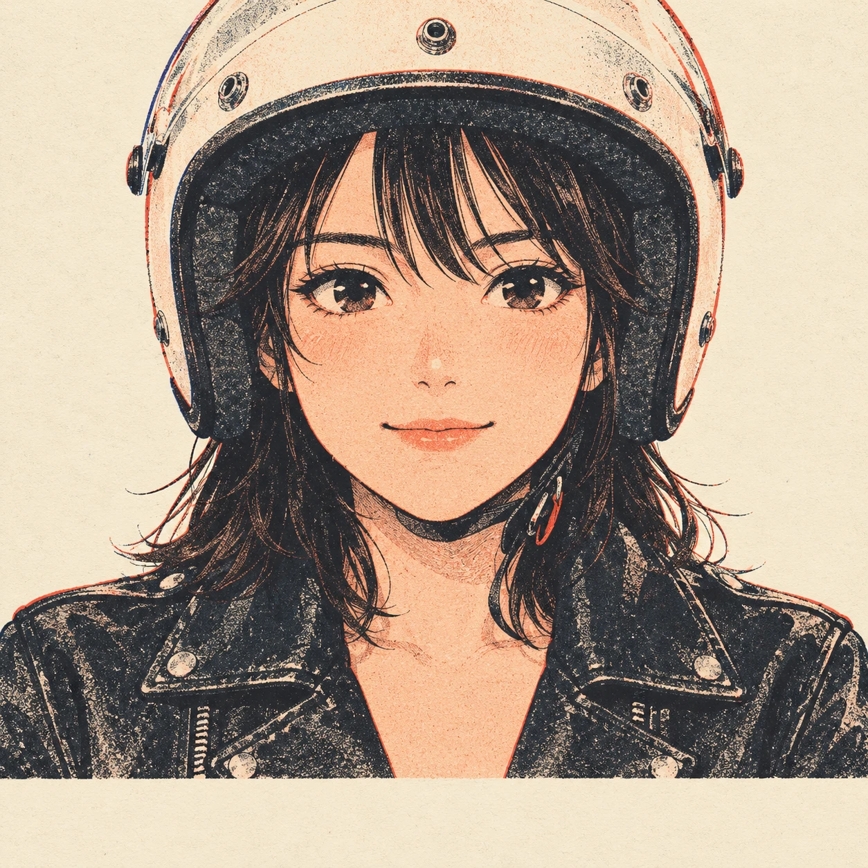 Illustration of one young woman drawn in an anime style in a black leather riding jacket wearing an open-face motorcycle helmet with the clear visor raised, her head and shoulders seen straight from the front with both eyes looking at the viewer and a calm closed-mouth smile, closely cropped so the head and shoulders fill most of the picture, hands not visible, a plain pale background behind her, the lower edge left as empty background with nothing written on it (retro print)