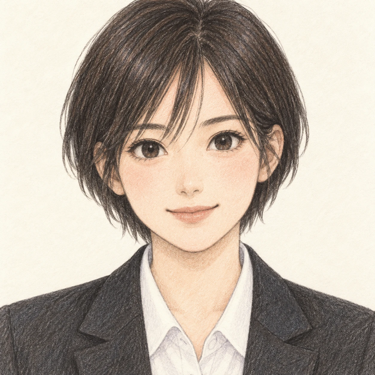 Illustration of one young woman drawn in an anime style in a charcoal suit jacket over a white shirt with short dark hair, her head and shoulders seen straight from the front with both eyes looking at the viewer and a calm closed-mouth smile, closely cropped so the head and shoulders fill most of the picture, hands not visible, a plain pale background behind her, the lower edge left as empty background with nothing written on it (colored pencil)