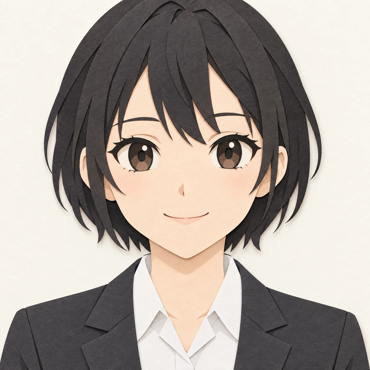 無地を背にした正面向きのスーツの女性のイラスト（切り絵）