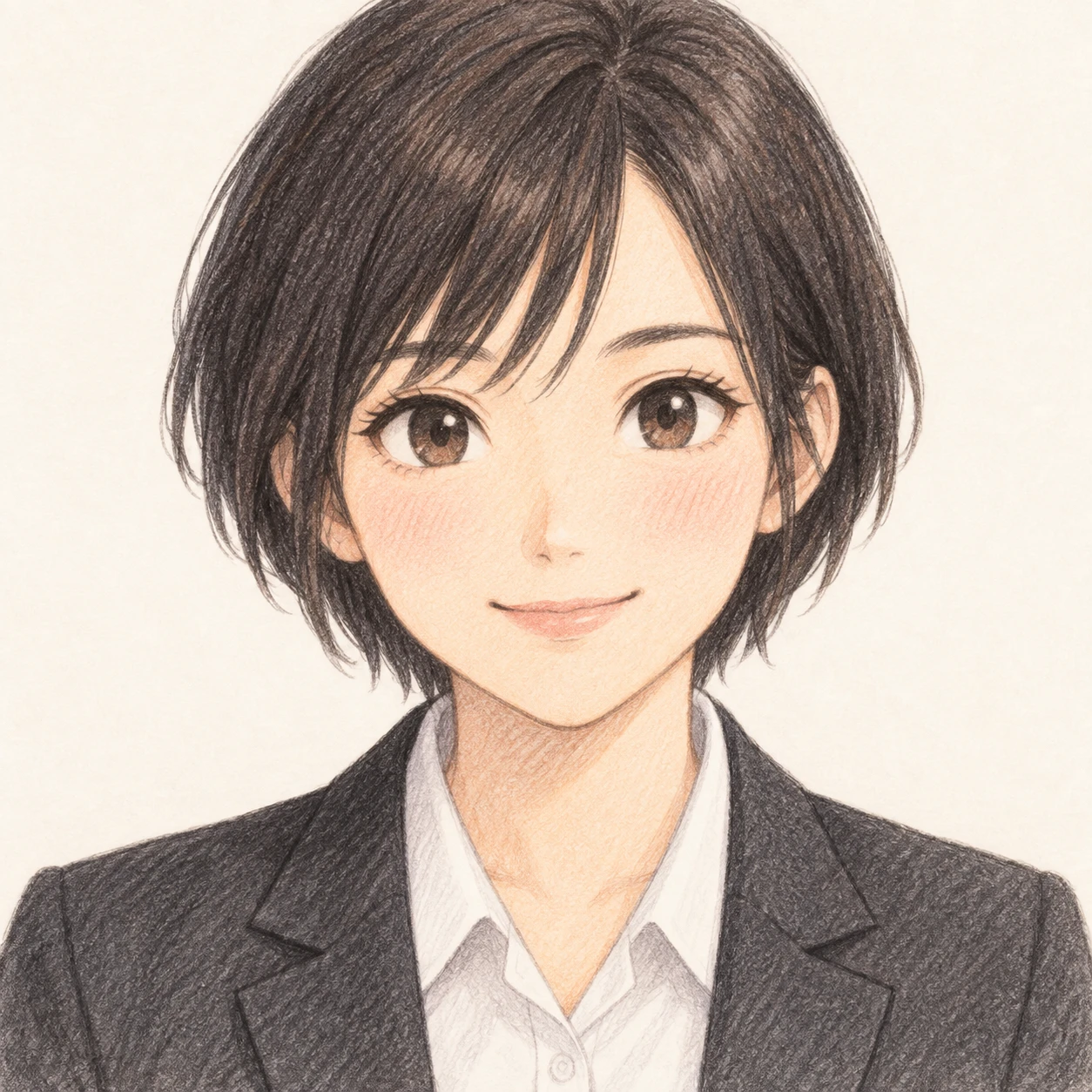 無地を背にした正面向きのスーツの女性のイラスト（色鉛筆）