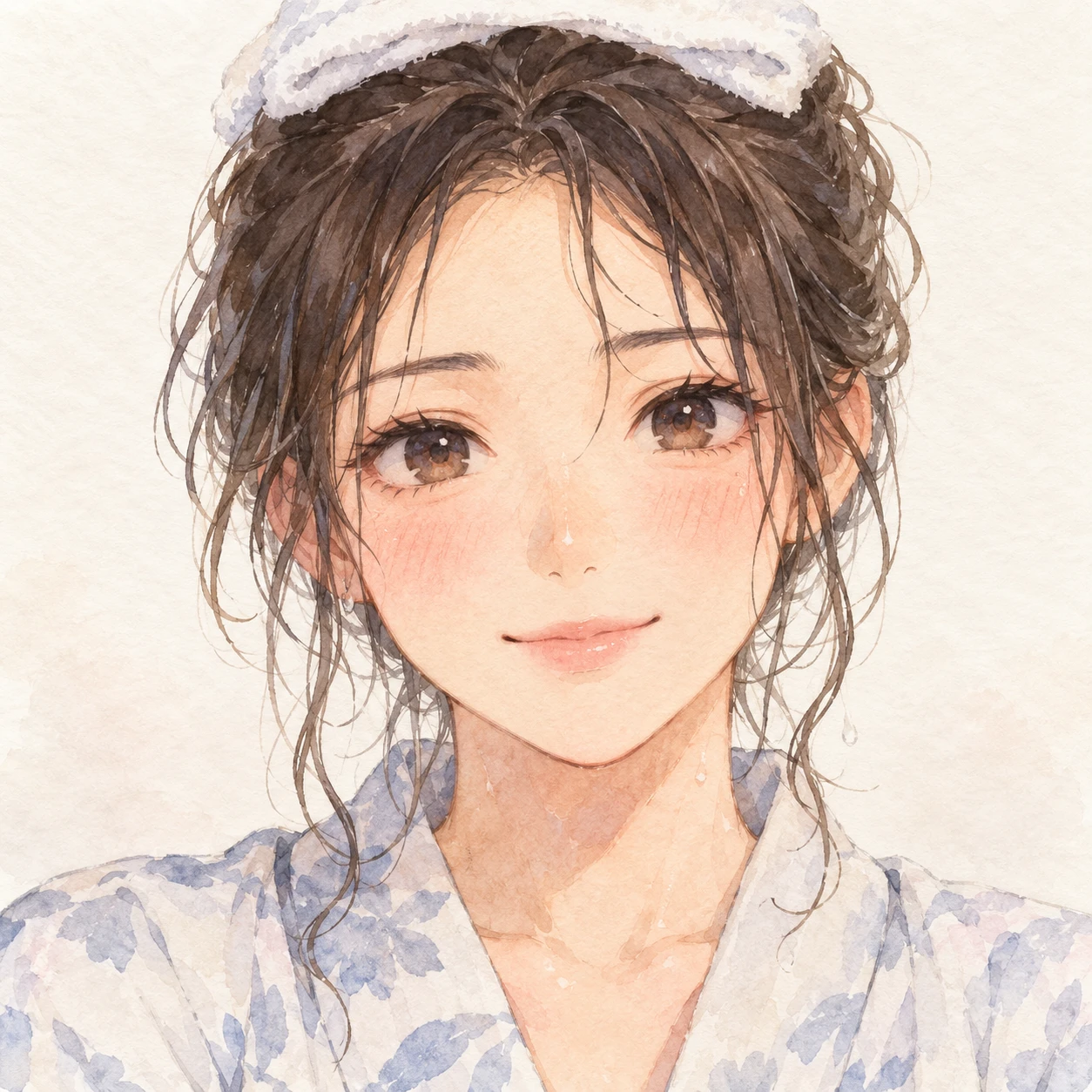 Illustration of one young woman drawn in an anime style in a light cotton yukata robe after a hot spring bath with a small folded towel resting on top of her damp hair, her head and shoulders seen straight from the front with both eyes looking at the viewer and a calm closed-mouth smile, closely cropped so the head and shoulders fill most of the picture, hands not visible, a plain pale background behind her, the lower edge left as empty background with nothing written on it (watercolor)