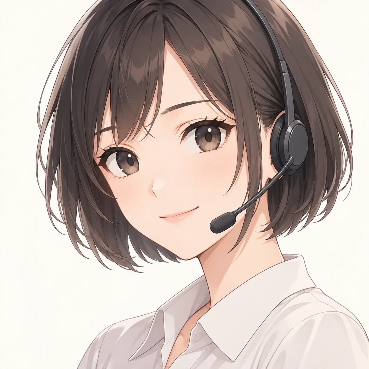 Illustration of one young woman drawn in an anime style in a light blouse wearing a slim call headset with a short bob, her head and shoulders seen at a three-quarter angle with her face turned slightly to one side, both eyes visible and looking at the viewer with a calm closed-mouth smile, closely cropped so the head and shoulders fill most of the picture, hands not visible, a plain pale background behind her, the lower edge left as empty background with nothing written on it (anime cel-shaded)