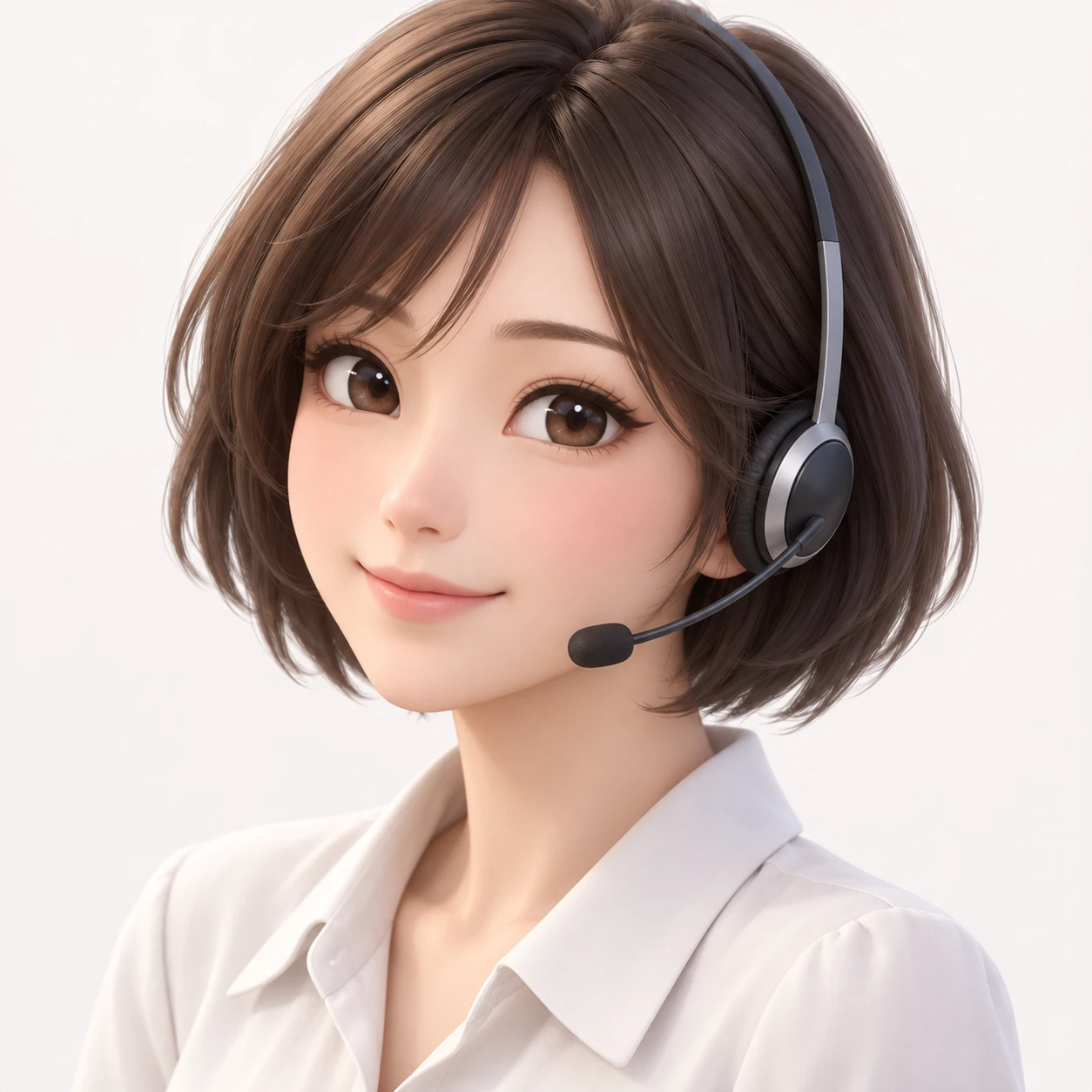 Illustration of one young woman drawn in an anime style in a light blouse wearing a slim call headset with a short bob, her head and shoulders seen at a three-quarter angle with her face turned slightly to one side, both eyes visible and looking at the viewer with a calm closed-mouth smile, closely cropped so the head and shoulders fill most of the picture, hands not visible, a plain pale background behind her, the lower edge left as empty background with nothing written on it (soft 3D)