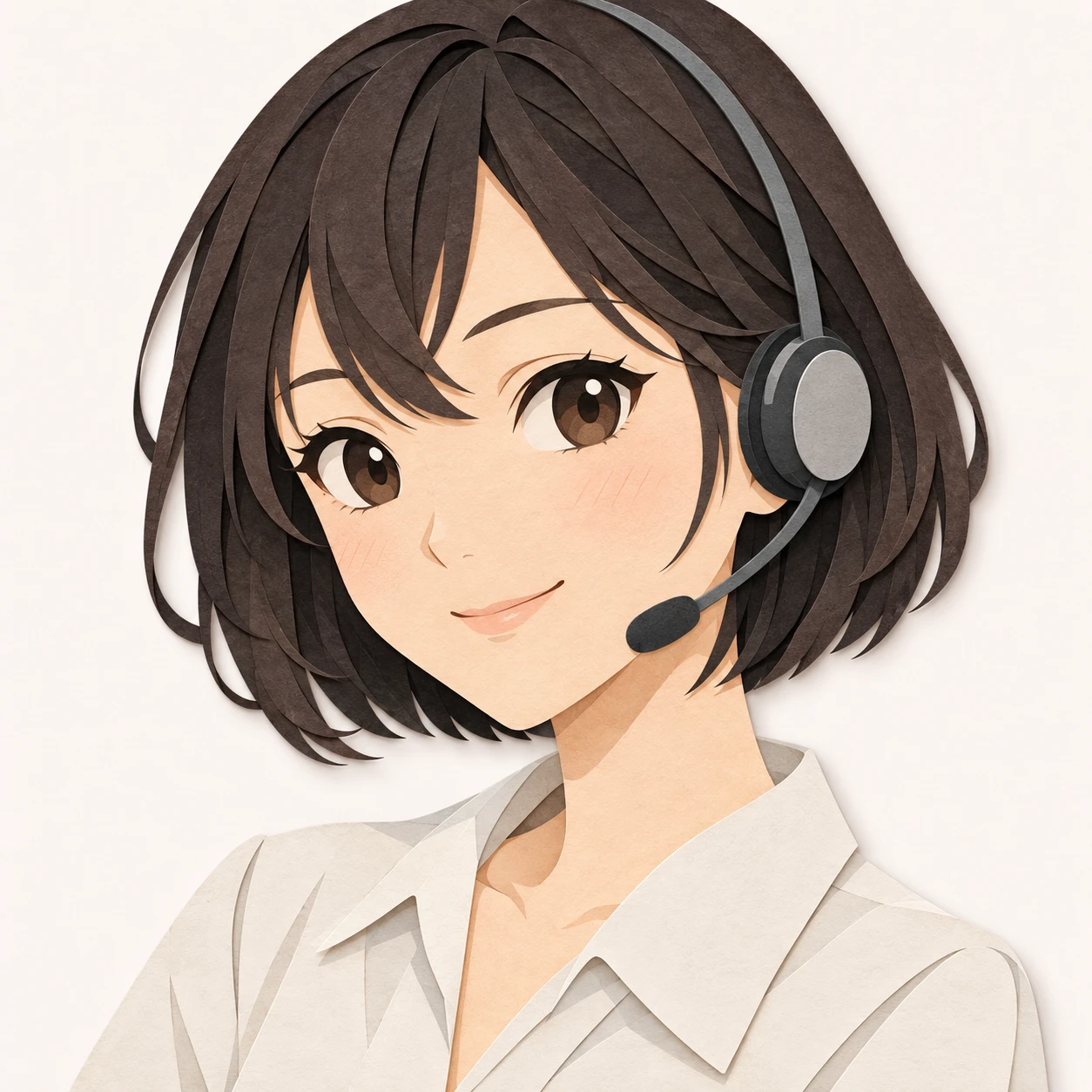 Illustration of one young woman drawn in an anime style in a light blouse wearing a slim call headset with a short bob, her head and shoulders seen at a three-quarter angle with her face turned slightly to one side, both eyes visible and looking at the viewer with a calm closed-mouth smile, closely cropped so the head and shoulders fill most of the picture, hands not visible, a plain pale background behind her, the lower edge left as empty background with nothing written on it (paper cut-out)