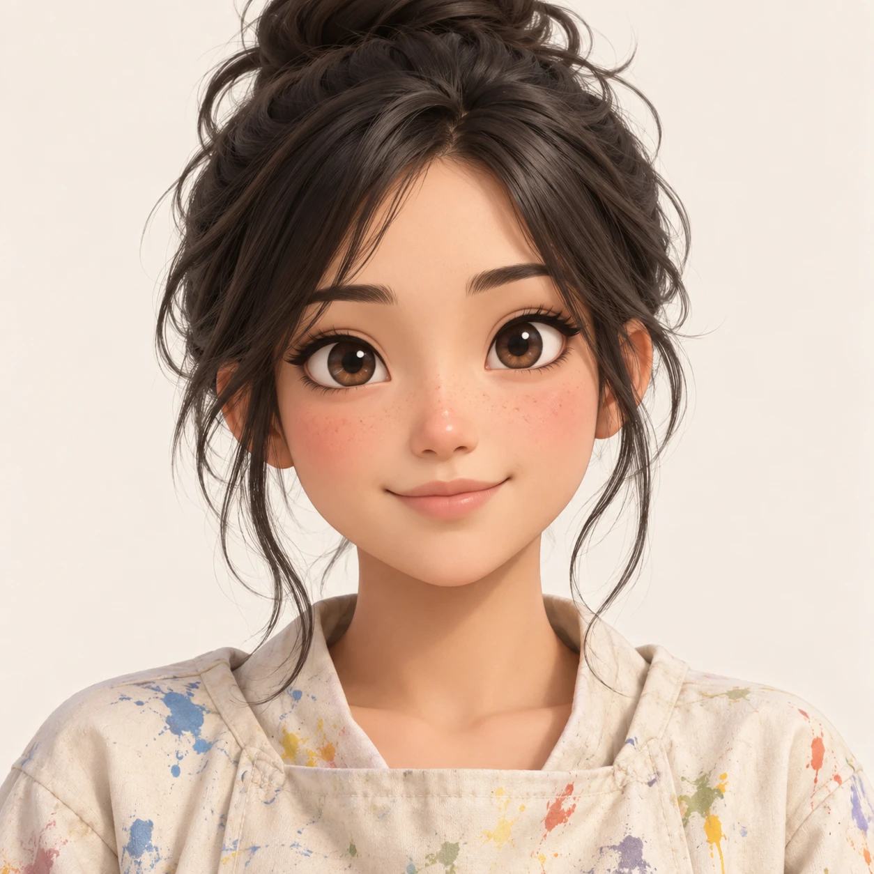無地を背にした正面向きの絵の具のついたスモックの女性のイラスト（ソフト3D）