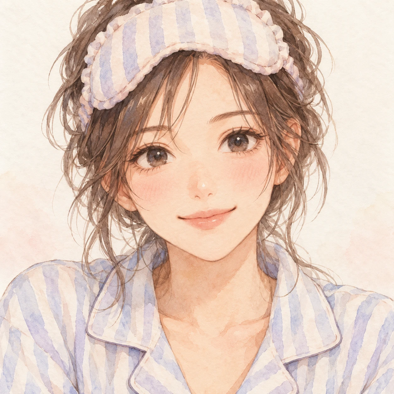Illustration of one young woman drawn in an anime style in soft striped pajamas with a sleep mask pushed up onto her tousled hair, her head and shoulders seen straight from the front with both eyes looking at the viewer and a calm closed-mouth smile, closely cropped so the head and shoulders fill most of the picture, hands not visible, a plain pale background behind her, the lower edge left as empty background with nothing written on it (watercolor)