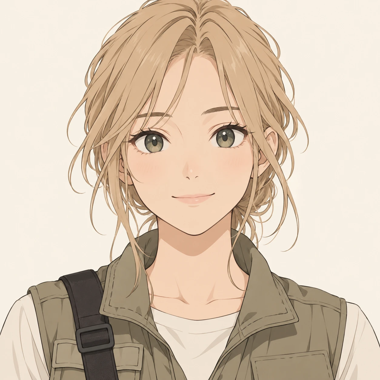 Illustration of one young woman drawn in an anime style in a utility vest with a camera strap over one shoulder and sandy blonde hair, her head and shoulders seen straight from the front with both eyes looking at the viewer and a calm closed-mouth smile, closely cropped so the head and shoulders fill most of the picture, hands not visible, a plain pale background behind her, the lower edge left as empty background with nothing written on it (simple line art)