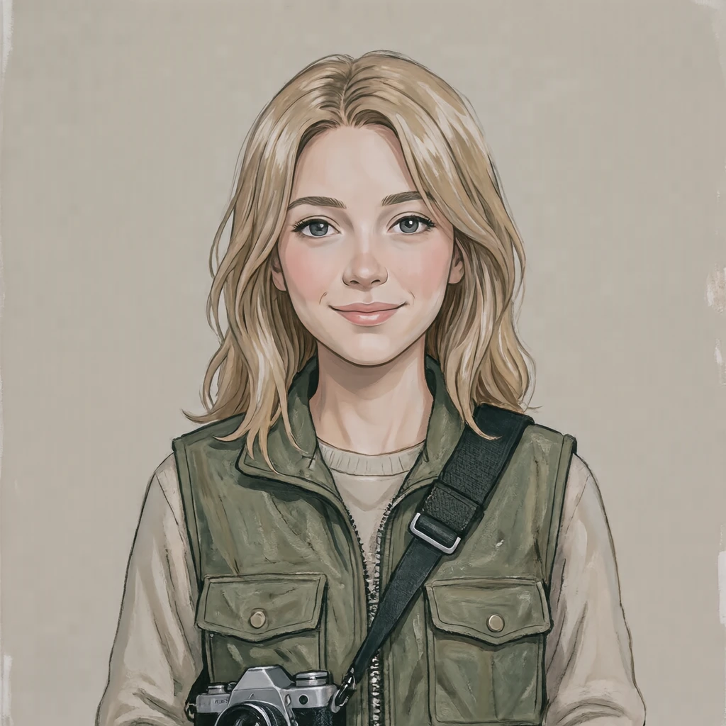 Illustration of one young woman drawn in an anime style in a utility vest with a camera strap over one shoulder and sandy blonde hair, her head and shoulders seen straight from the front with both eyes looking at the viewer and a calm closed-mouth smile, closely cropped so the head and shoulders fill most of the picture, hands not visible, a plain pale background behind her, the lower edge left as empty background with nothing written on it (gouache)