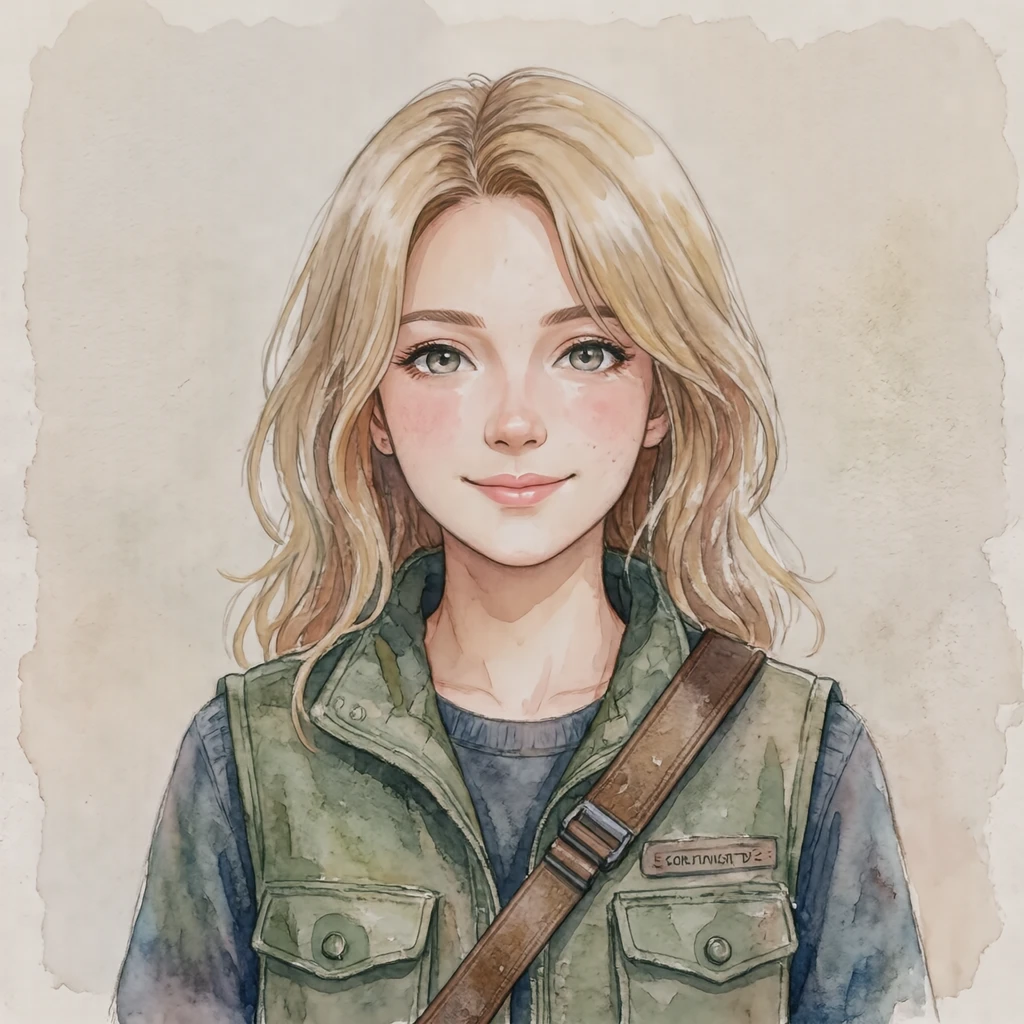 カメラを首から下げた女性のアニメ調プロフィール用画像（水彩）