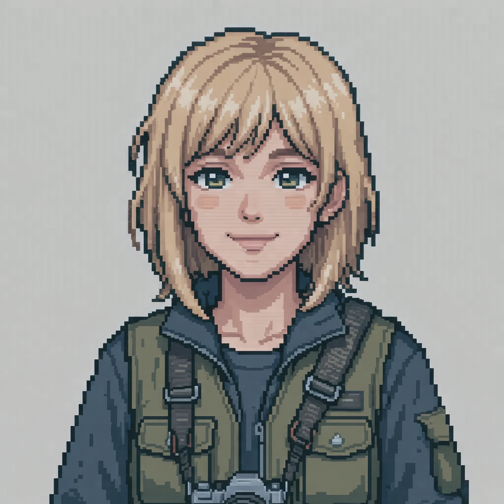 Illustration of one young woman drawn in an anime style in a utility vest with a camera strap over one shoulder and sandy blonde hair, her head and shoulders seen straight from the front with both eyes looking at the viewer and a calm closed-mouth smile, closely cropped so the head and shoulders fill most of the picture, hands not visible, a plain pale background behind her, the lower edge left as empty background with nothing written on it (pixel art)