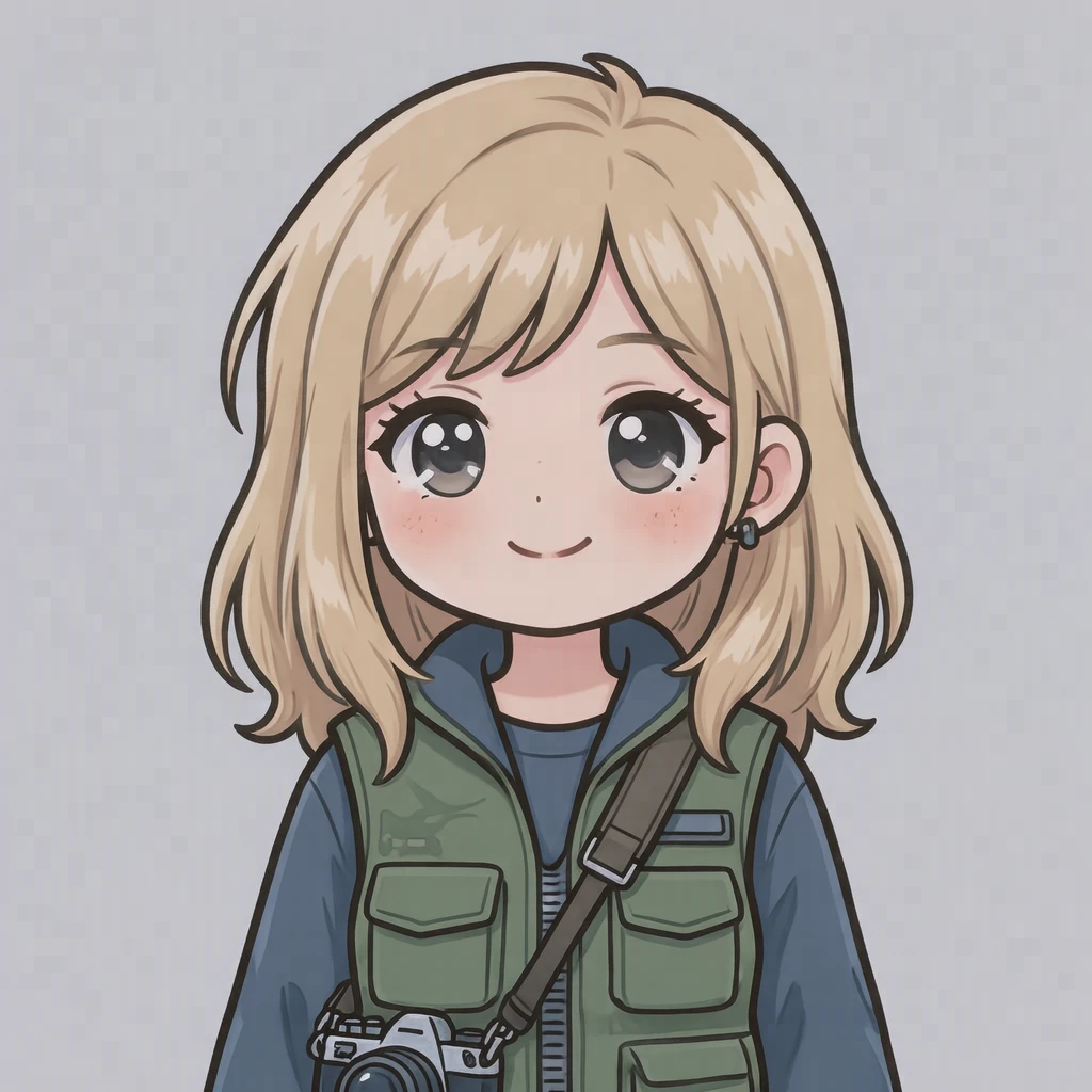 Illustration of one young woman drawn in an anime style in a utility vest with a camera strap over one shoulder and sandy blonde hair, her head and shoulders seen straight from the front with both eyes looking at the viewer and a calm closed-mouth smile, closely cropped so the head and shoulders fill most of the picture, hands not visible, a plain pale background behind her, the lower edge left as empty background with nothing written on it (chibi)
