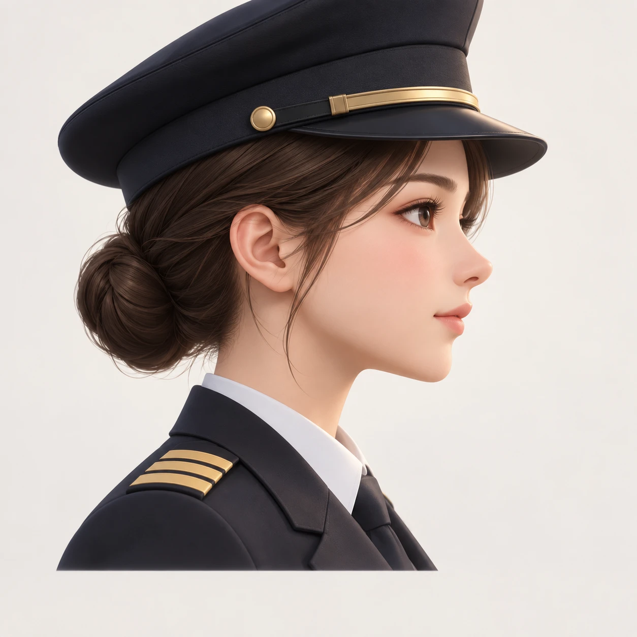 Illustration of one young woman drawn in an anime style in a dark pilot's uniform jacket with plain gold stripes on the shoulders and a plain dark peaked pilot's cap over a low bun, her head and shoulders seen in full profile from the side with her gaze level ahead and a calm closed-mouth expression, closely cropped so the head and shoulders fill most of the picture, hands not visible, a plain pale background behind her, the lower edge left as empty background with nothing written on it (soft 3D)