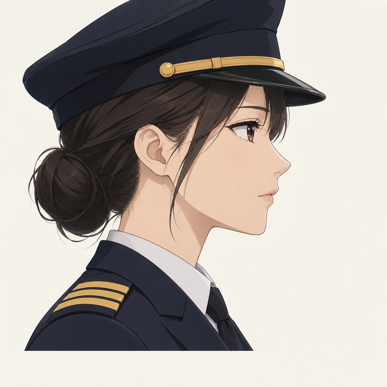 Illustration of one young woman drawn in an anime style in a dark pilot's uniform jacket with plain gold stripes on the shoulders and a plain dark peaked pilot's cap over a low bun, her head and shoulders seen in full profile from the side with her gaze level ahead and a calm closed-mouth expression, closely cropped so the head and shoulders fill most of the picture, hands not visible, a plain pale background behind her, the lower edge left as empty background with nothing written on it (anime cel-shaded)