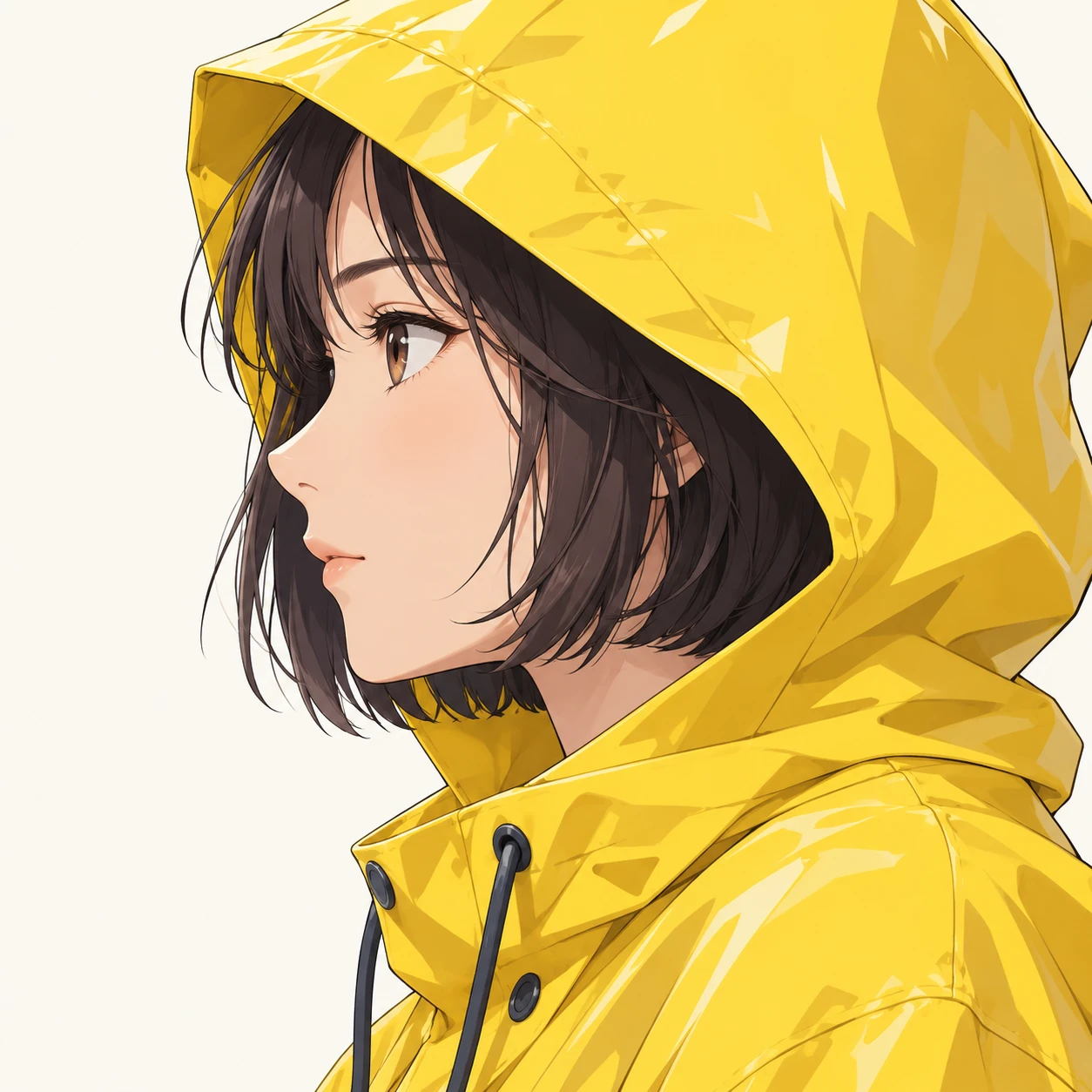 Illustration of one young woman drawn in an anime style in a bright yellow raincoat with the hood pulled up over a short bob, her head and shoulders seen in full profile from the side with her gaze level ahead and a calm closed-mouth expression, closely cropped so the head and shoulders fill most of the picture, hands not visible, a plain pale background behind her, the lower edge left as empty background with nothing written on it (anime cel-shaded)