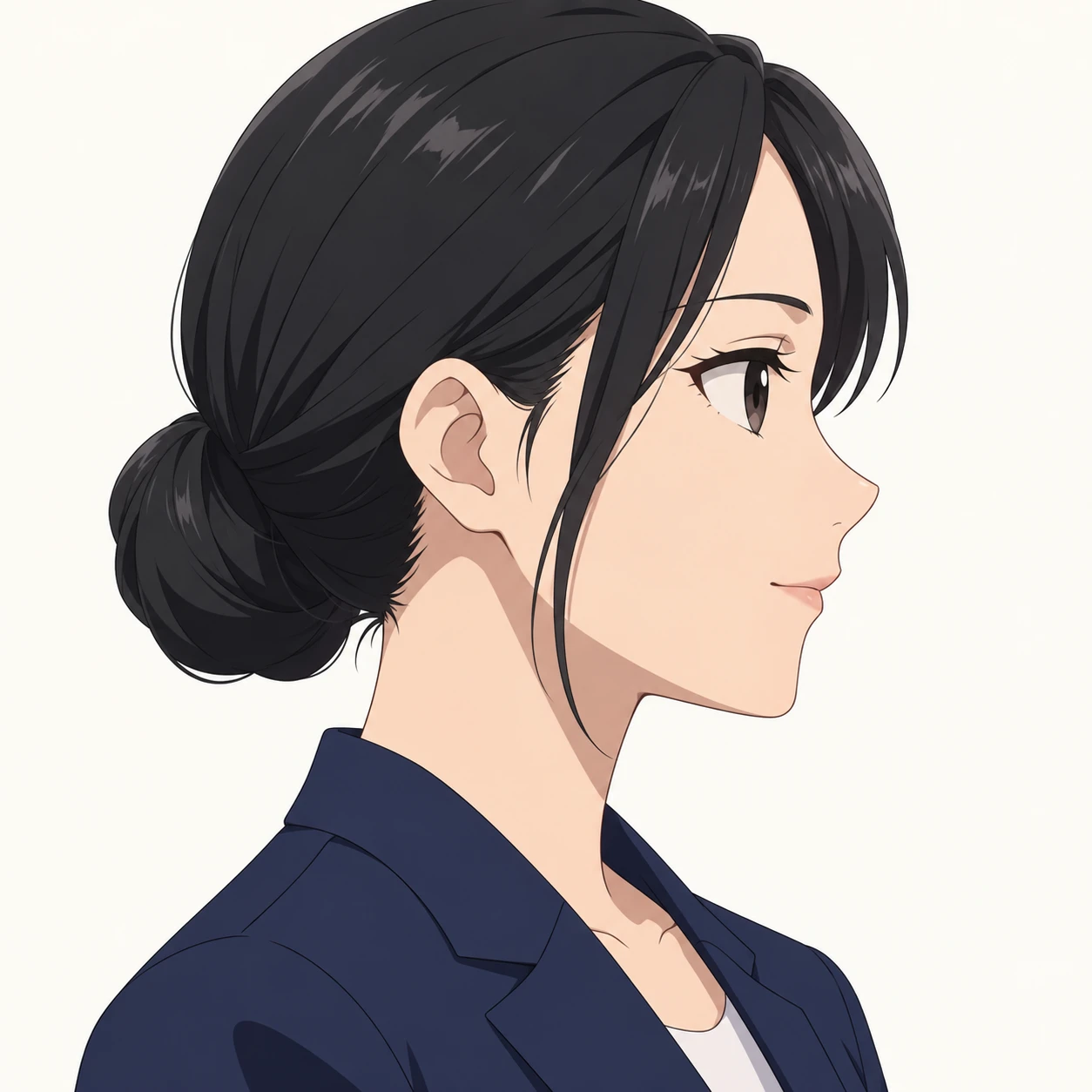 無地を背にした横向きの紺のブレザーの女性のイラスト（アニメ塗り）