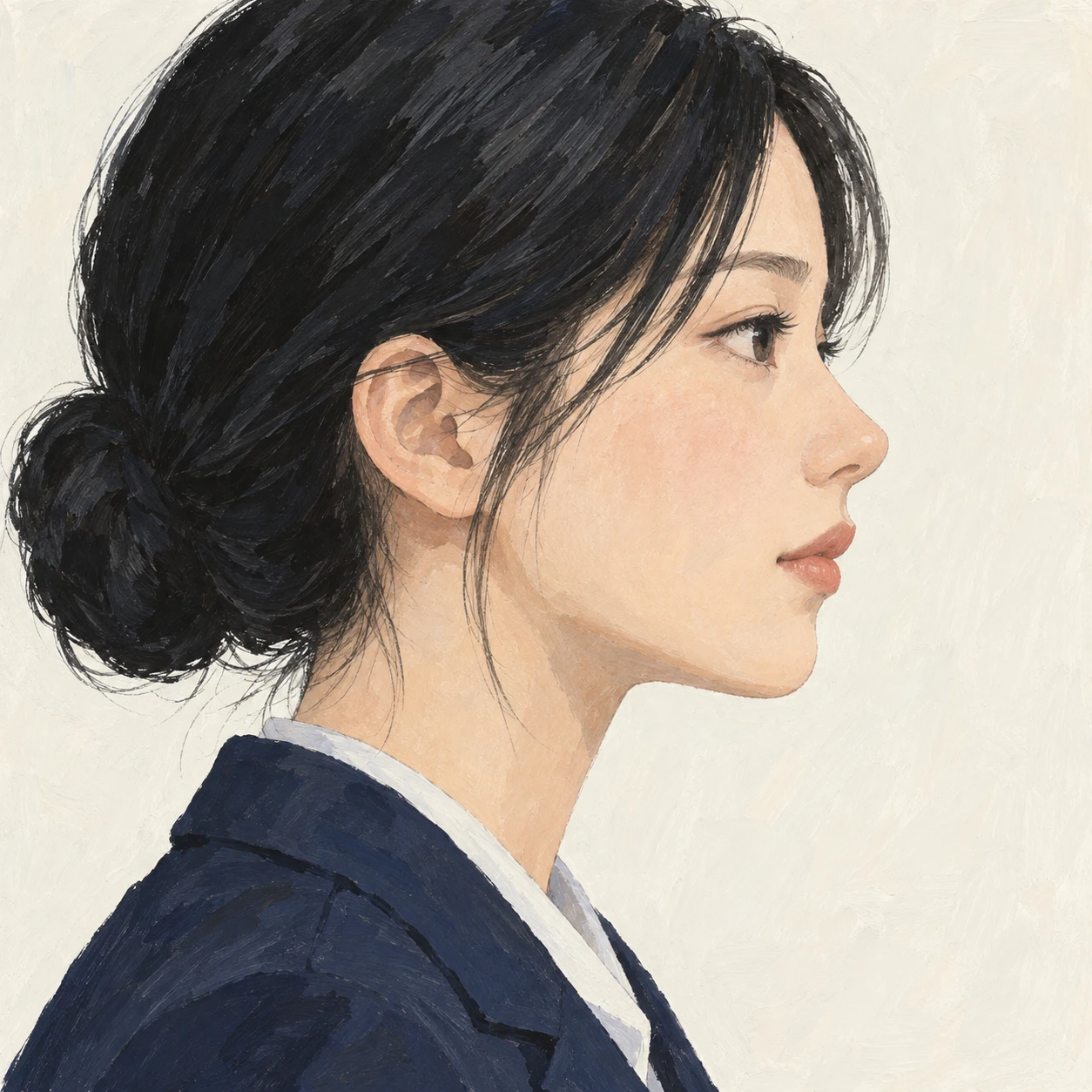남색 블레이저를 입은 여성의 애니메이션풍 프로필 아이콘 (과슈)