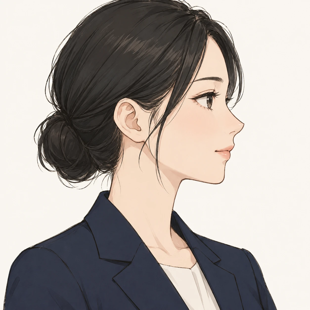 無地を背にした横向きの紺のブレザーの女性のイラスト（手描き風）